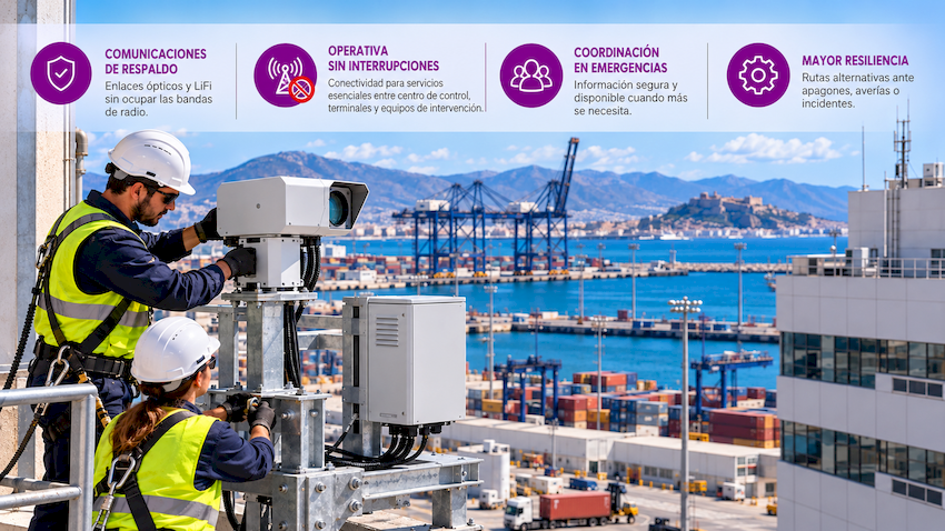 LiFi y resiliencia portuaria: enlace óptico de respaldo Ilustración de técnicos instalando un enlace óptico de respaldo en un puerto de contenedores.