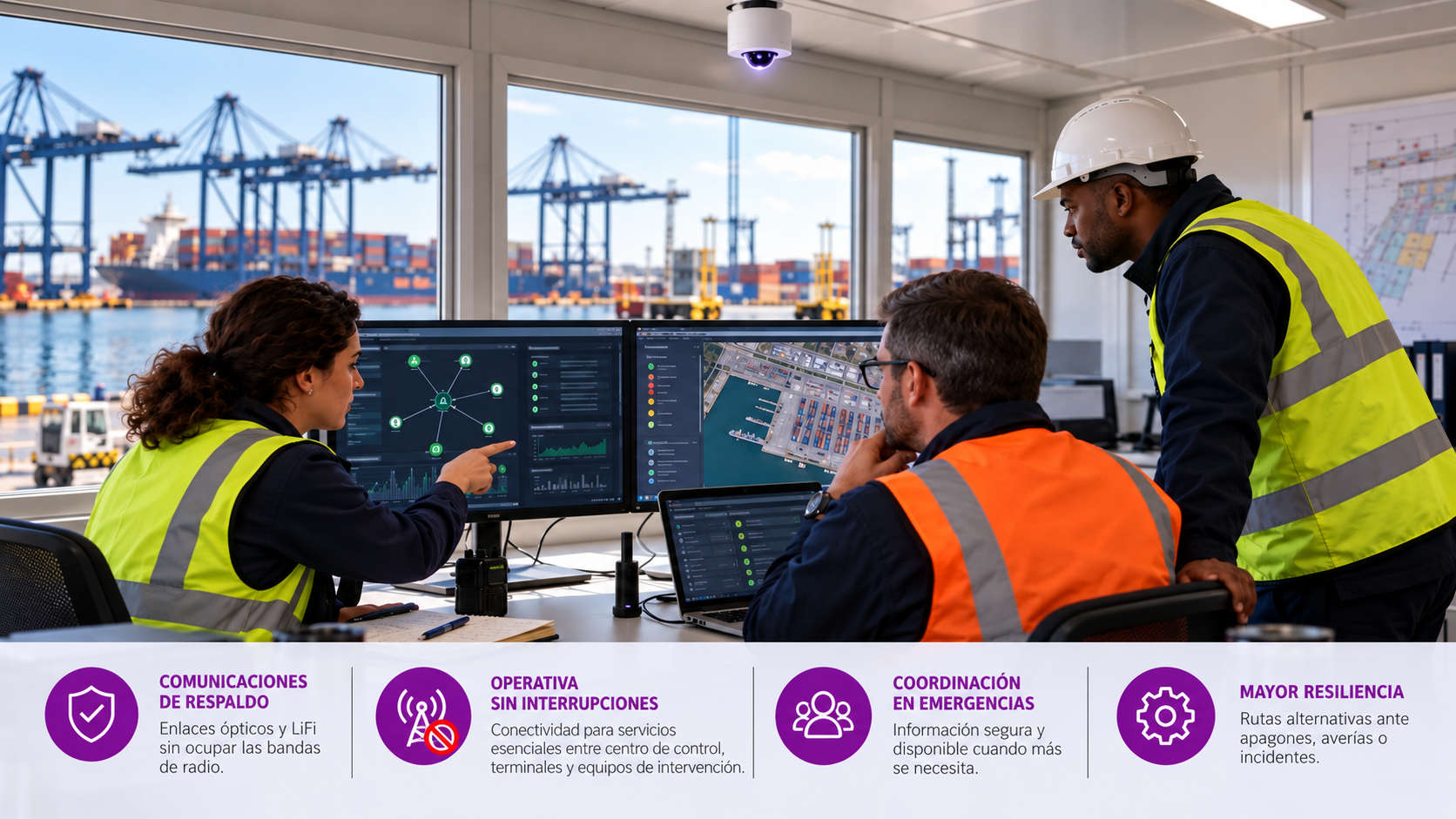 Ilustración de un equipo portuario supervisando comunicaciones y datos en una sala de control con acceso LiFi local.